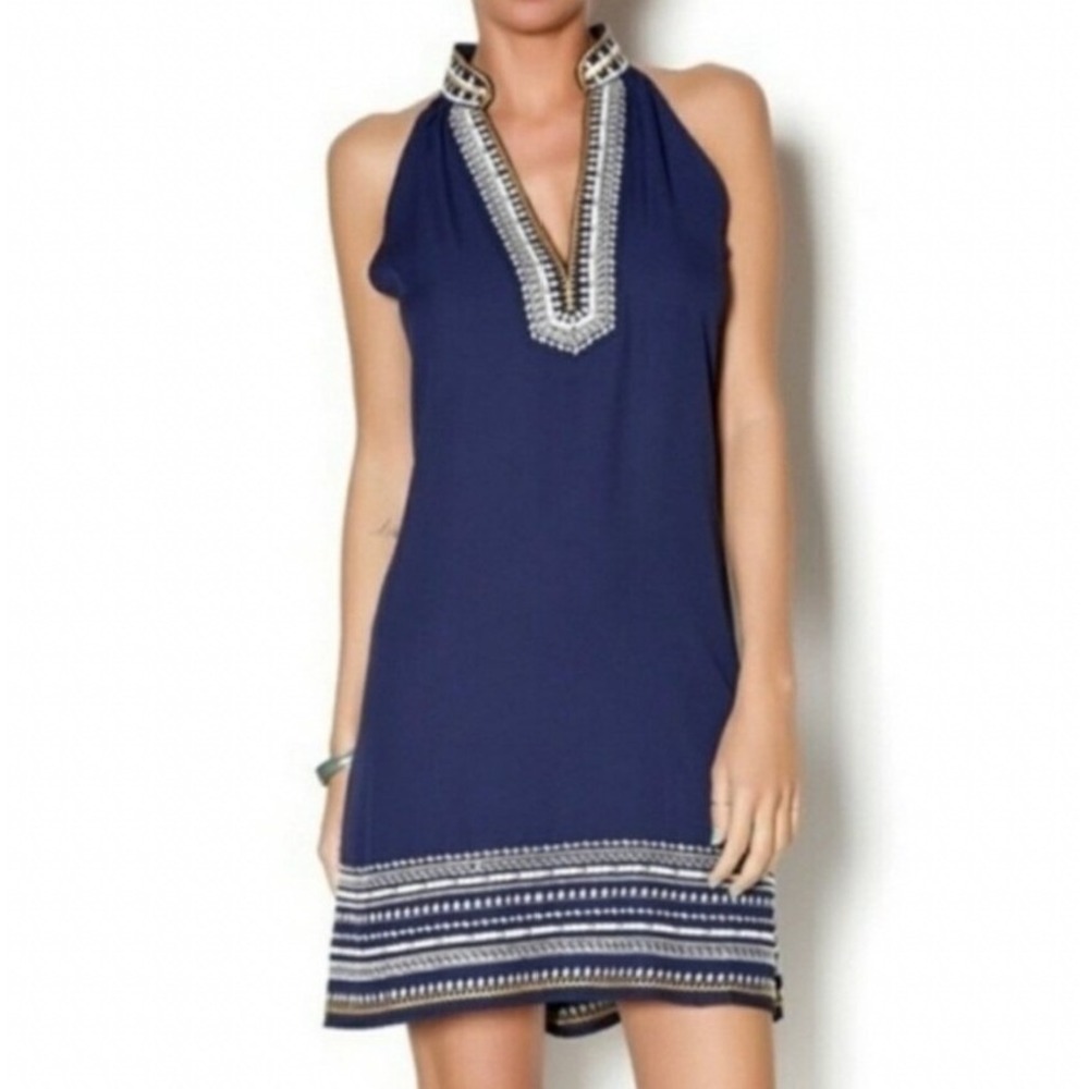 THML Chana Navy Blue Embroidered Halter Shift Dress Boho PETITE SMALL